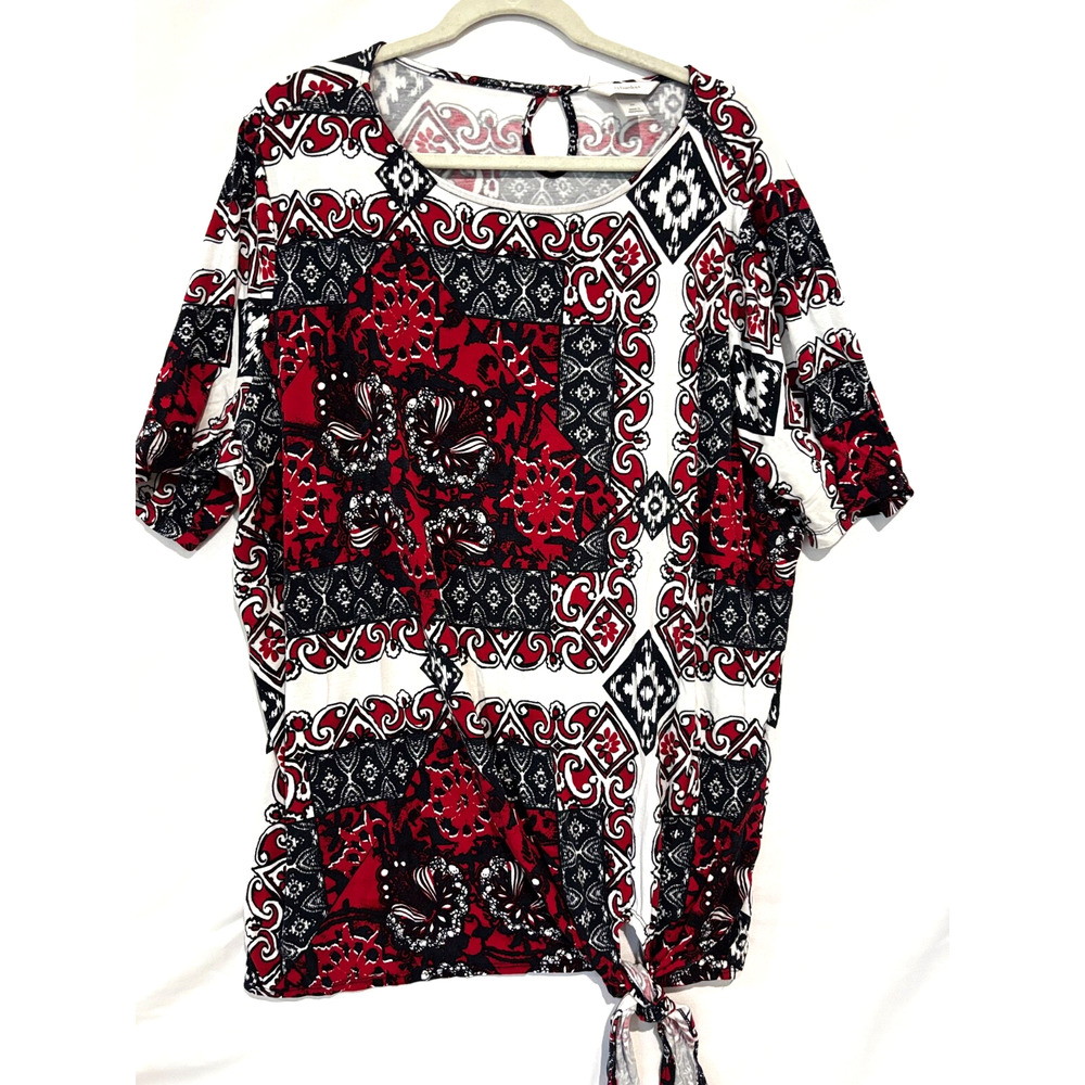 CJ Banks 2x Shirt Top Nautical Paisley‎ work Short Sleeve Keyhole front Comfort